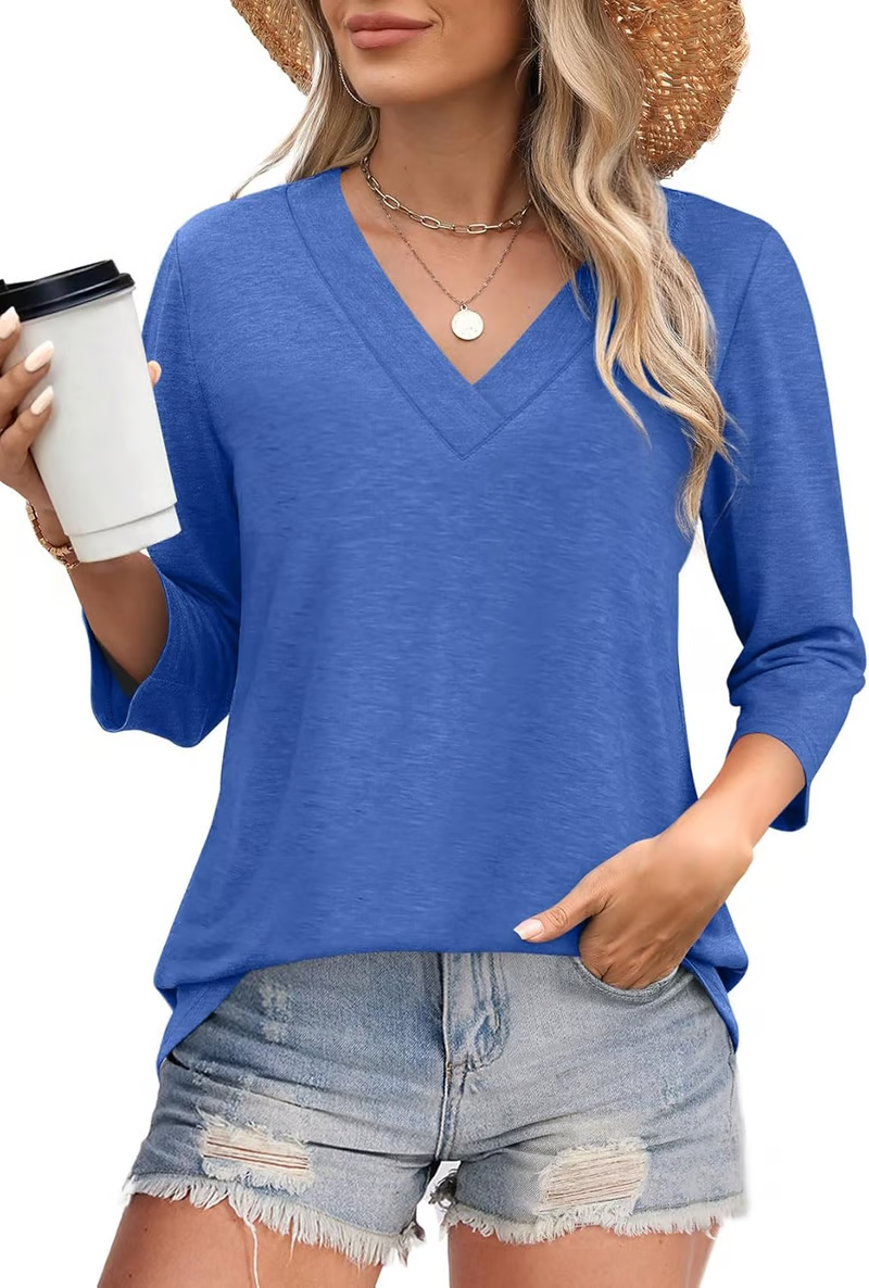 🌸Spring Specials 50% OFF👚Women's 3/4 Sleeve V Neck Solid Color Top