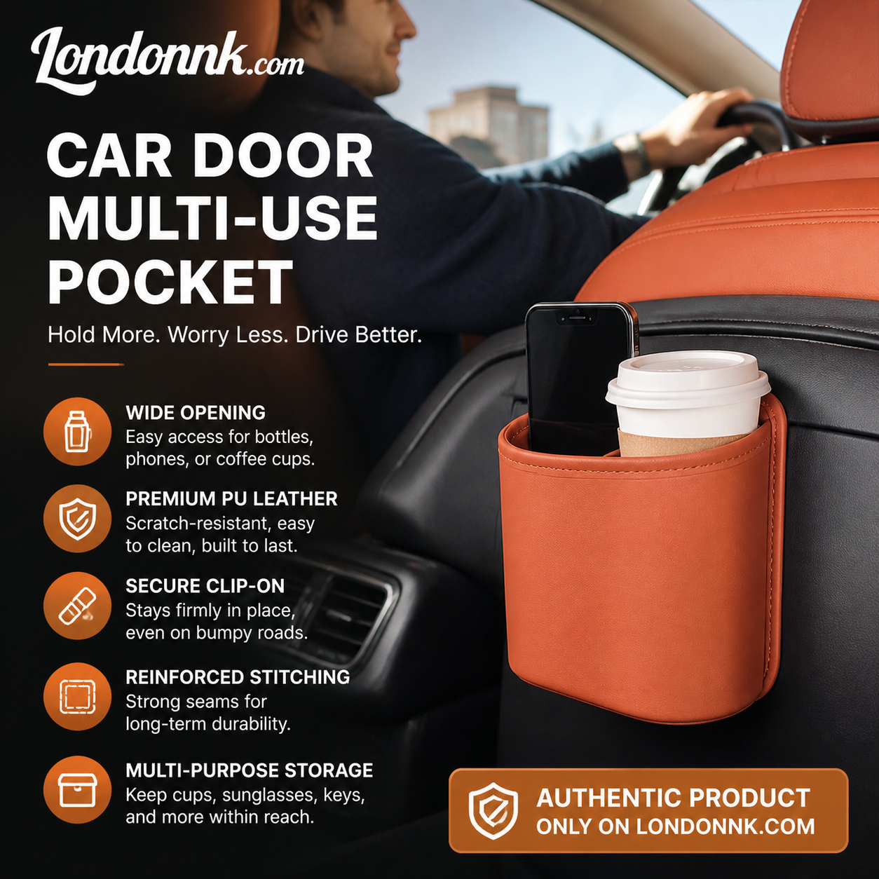 🥳2026 HOT SALE🚗🧺 50% OFF! Leather Car Door Cup Holder – Wide‑mouth opening, easy reach for drinks & phone. Clip‑on secure fit. PU leather, tough & stylish. 🛡️✨
