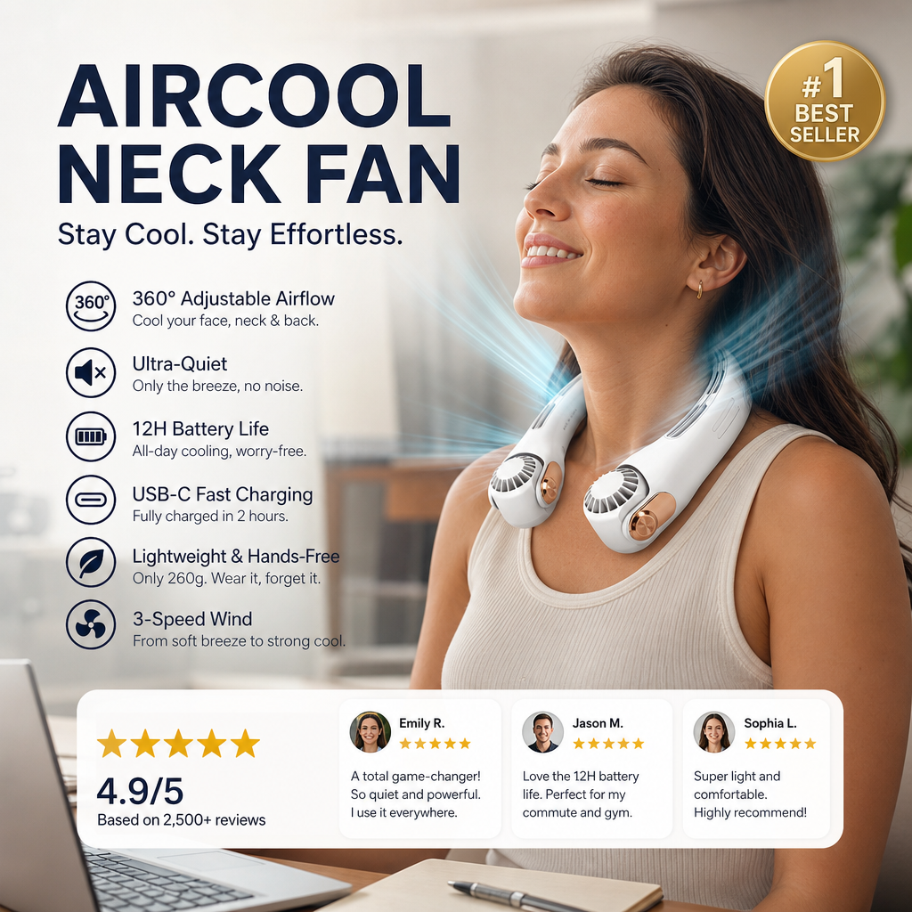💨2026 Summer Hot Sale 55% OFF💞🍃 USB Portable Bladeless Neck Fan –😎Ultra‑quiet, 360° rotating, 3 speeds🌬️