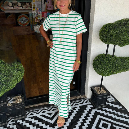 🔥Summer Hot sale 60%OFF 🔥Round Neck Slit Hem Striped Maxi Dress