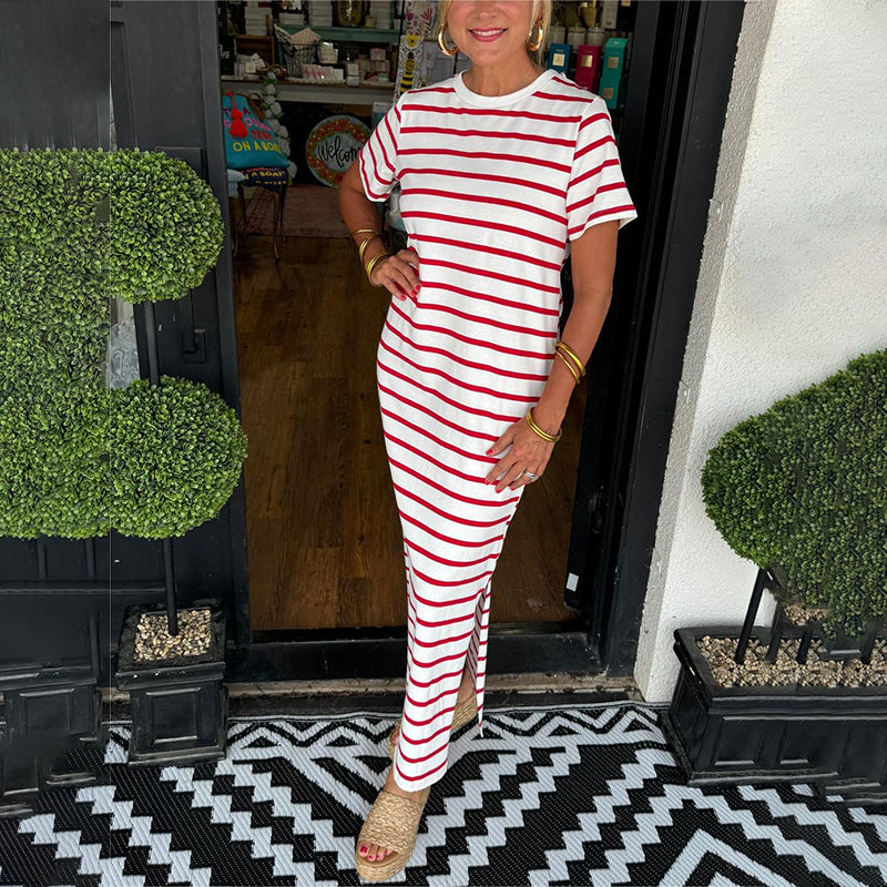 🔥Summer Hot sale 60%OFF 🔥Round Neck Slit Hem Striped Maxi Dress