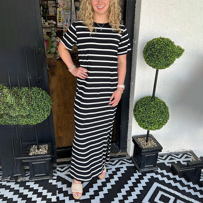 🔥Summer Hot sale 60%OFF 🔥Round Neck Slit Hem Striped Maxi Dress