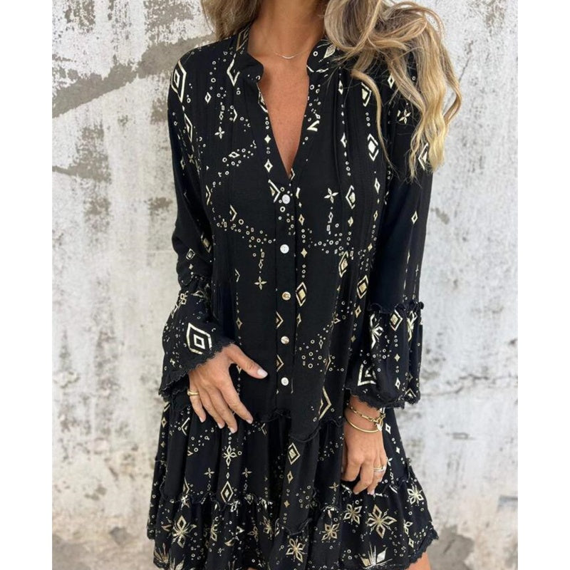 💖Limited Sale 50% OFF💖Women's Geometric Print Comfortable V-Neck Midi-Dress