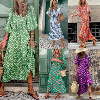 🌸50% OFF🌸Women's Elegant Puff Sleeve Floral Boho Maxi Dress