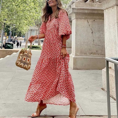 🌸50% OFF🌸Women's Elegant Puff Sleeve Floral Boho Maxi Dress