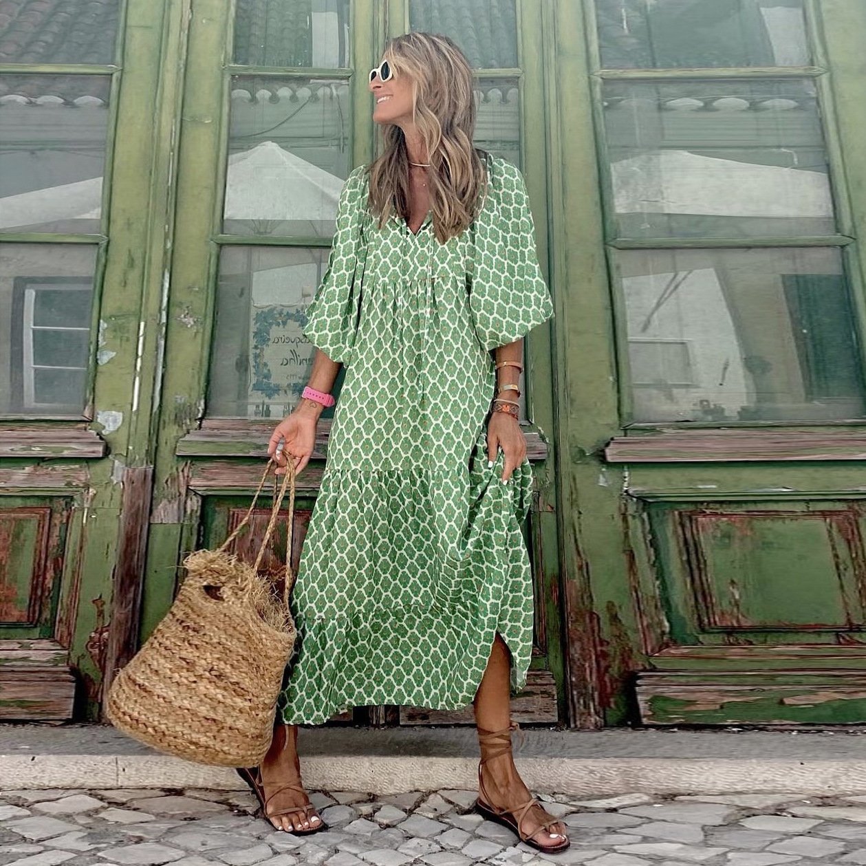 🌸50% OFF🌸Women's Elegant Puff Sleeve Floral Boho Maxi Dress