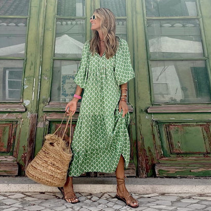 🌸50% OFF🌸Women's Elegant Puff Sleeve Floral Boho Maxi Dress