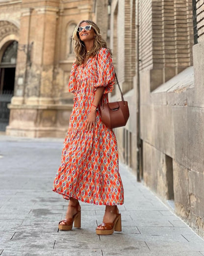 🌸50% OFF🌸Women's Elegant Puff Sleeve Floral Boho Maxi Dress