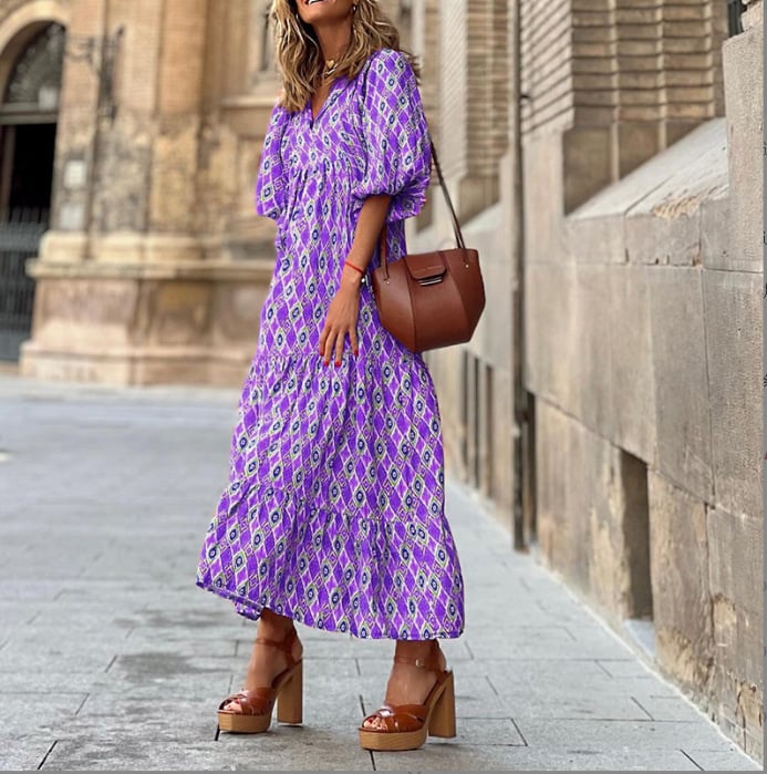 🌸50% OFF🌸Women's Elegant Puff Sleeve Floral Boho Maxi Dress