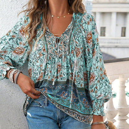 💖Limited time 49% OFF💖Women's Fashion Printed v-Neck Long Sleeve Shirt