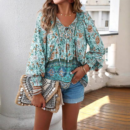 💖Limited time 49% OFF💖Women's Fashion Printed v-Neck Long Sleeve Shirt