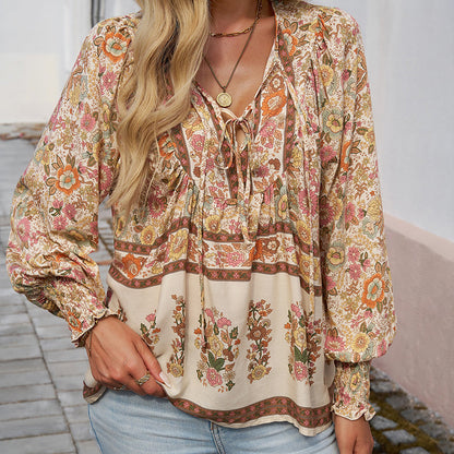 💖Limited time 49% OFF💖Women's Fashion Printed v-Neck Long Sleeve Shirt