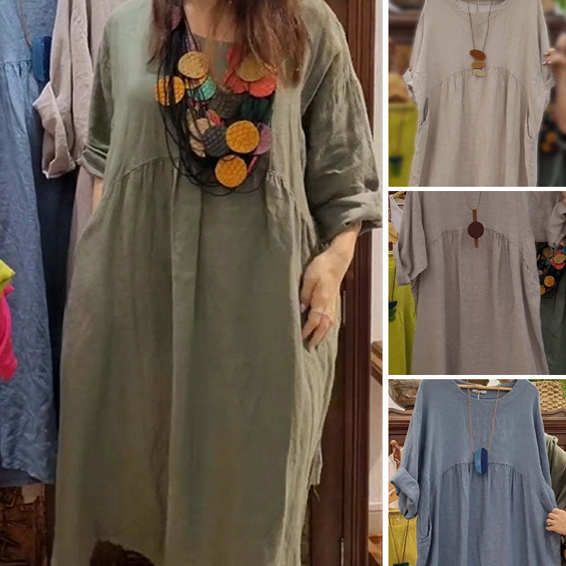 Hot sale 50% OFF💃Women's Casual Loose Round Neck Solid Color Dress with 3/4 Sleeves & Pockets