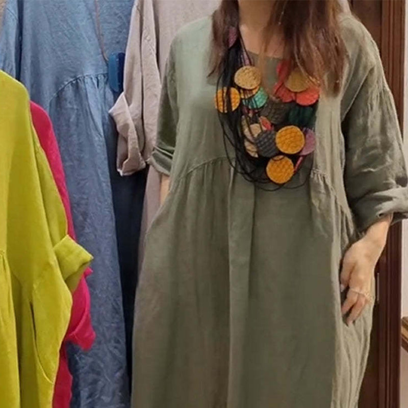 Hot sale 50% OFF💃Women's Casual Loose Round Neck Solid Color Dress with 3/4 Sleeves & Pockets