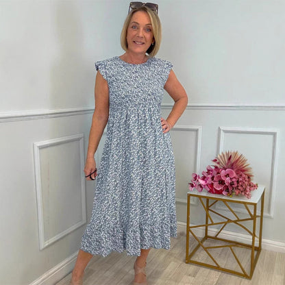 🎉🛍️Hot Promotion 50% OFF💃Women's Elegant Floral Print High-Waisted Ruffle Cap Sleeve Dress