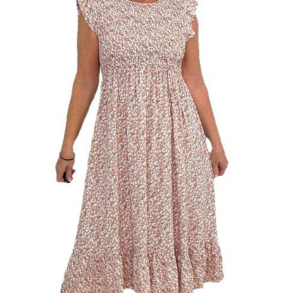 🎉🛍️Hot Promotion 50% OFF💃Women's Elegant Floral Print High-Waisted Ruffle Cap Sleeve Dress