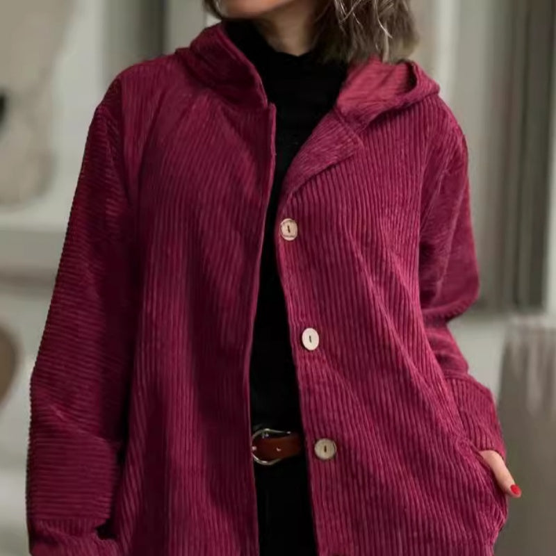 Chaqueta de pana abotonada oversize con capucha para mujer