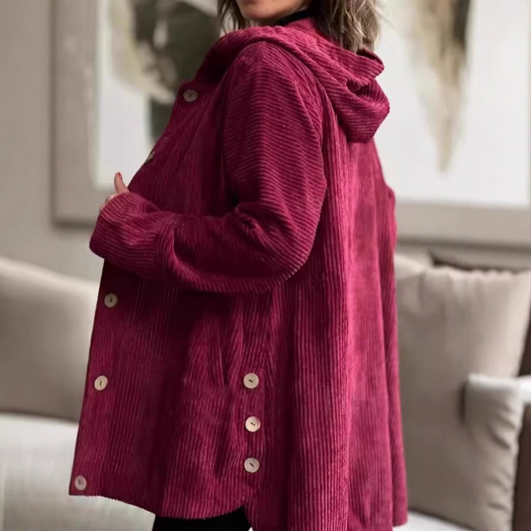 Chaqueta de pana abotonada oversize con capucha para mujer