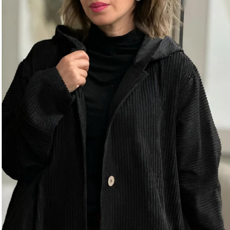 Chaqueta de pana abotonada oversize con capucha para mujer
