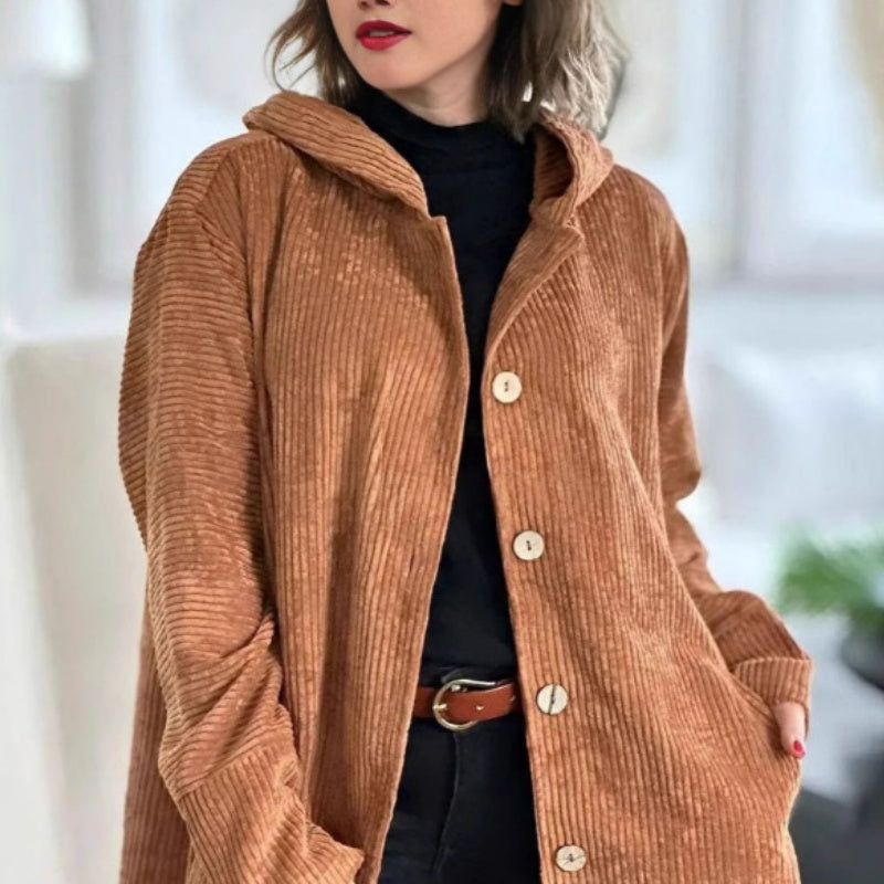 Chaqueta de pana abotonada oversize con capucha para mujer