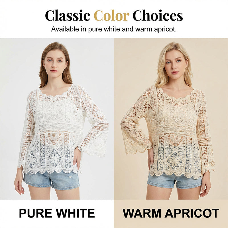 👒 🌊 Women's Vintage-Inspired Lace Cover-Up Blouse – Flare Sleeves, Bohemian Beachwear 🌸