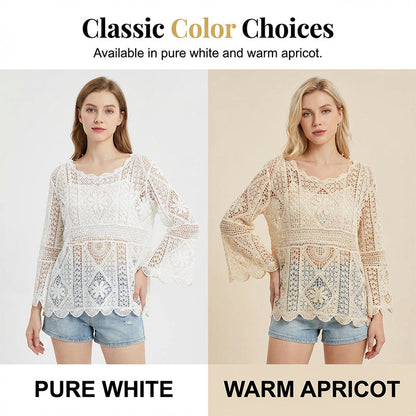 👒 🌊 Women's Vintage-Inspired Lace Cover-Up Blouse – Flare Sleeves, Bohemian Beachwear 🌸