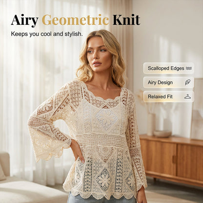 👒 🌊 Women's Vintage-Inspired Lace Cover-Up Blouse – Flare Sleeves, Bohemian Beachwear 🌸