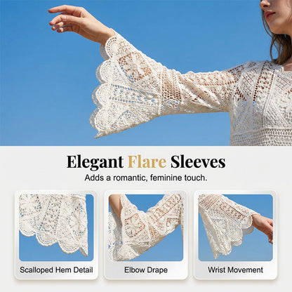 👒 🌊 Women's Vintage-Inspired Lace Cover-Up Blouse – Flare Sleeves, Bohemian Beachwear 🌸