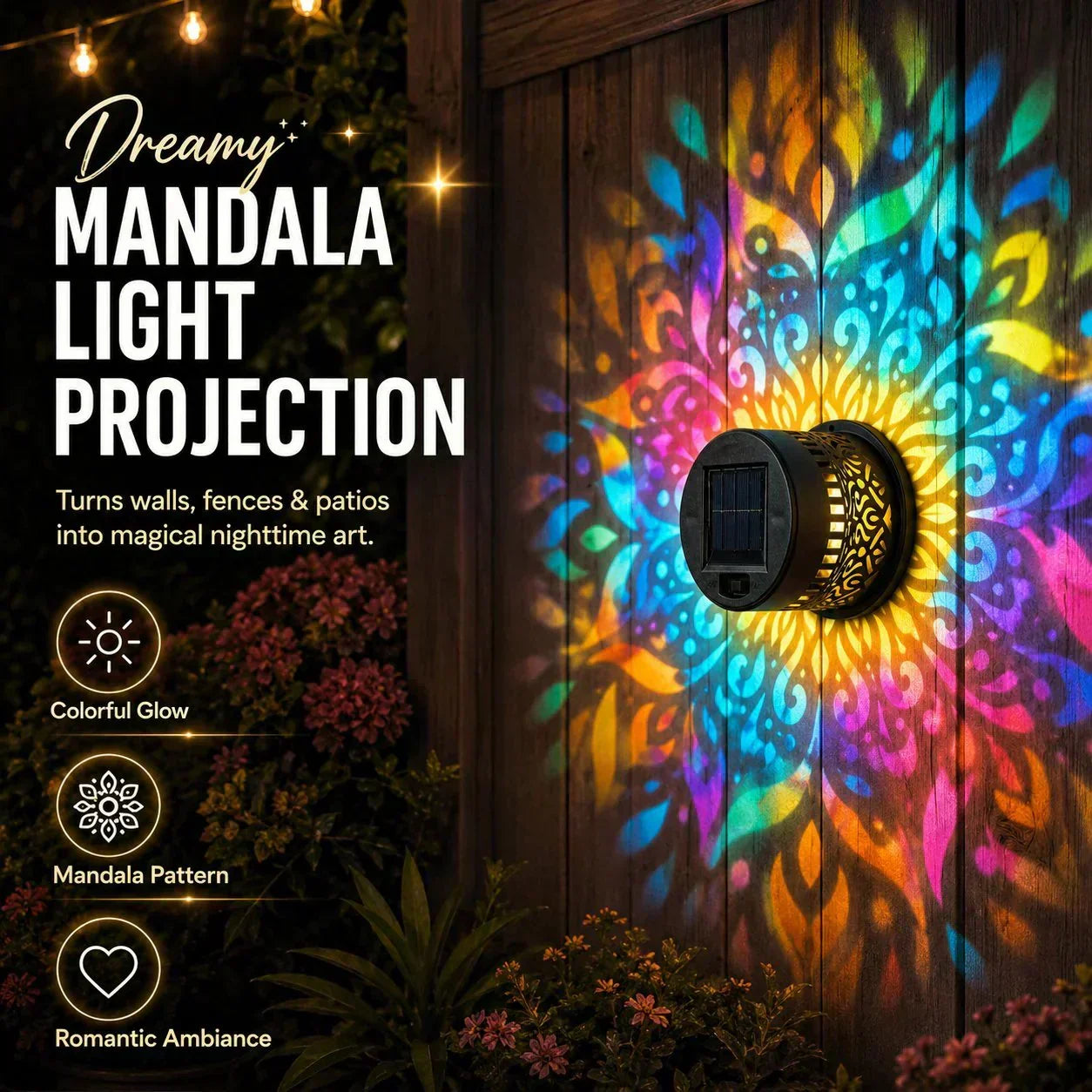 Solar Mandala Light – Stunning Pattern Projection, 2-in-1 Floor & Wall Design & IP65 Waterproof Auto On/Off 🌿