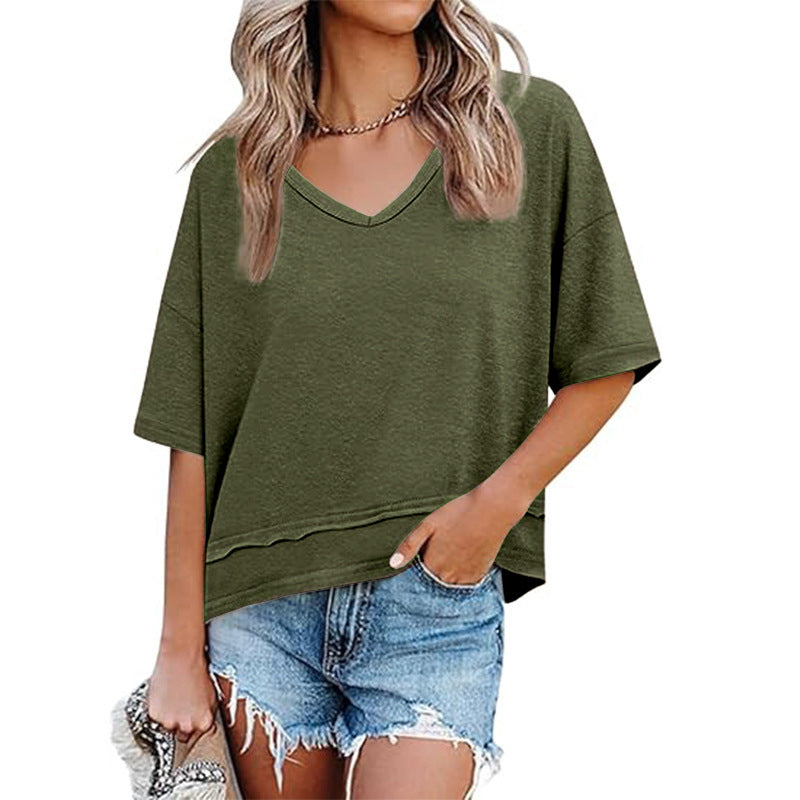 💥2026 Hot Sale 49% OFF👚Women's Half Sleeve V-Neck Top with Patchwork Hem