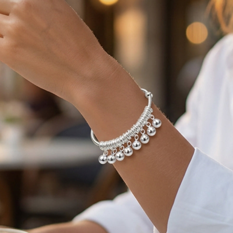 Adjustable Silver Bell Charm Bangle Bracelet