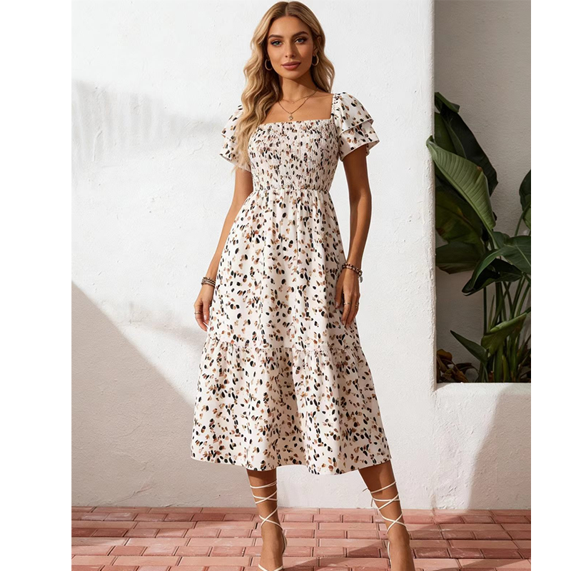🌈2026 Summer Hot Sale ✨Square Neck Floral Midi Dress – Smocked Bodice, Flowy Tiered Skirt, Romantic 🌸