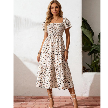 🌈2026 Summer Hot Sale ✨Square Neck Floral Midi Dress – Smocked Bodice, Flowy Tiered Skirt, Romantic 🌸