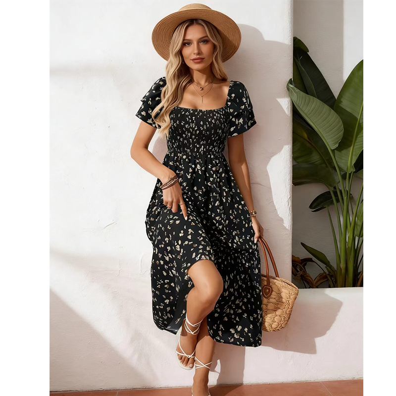 🌈2026 Summer Hot Sale ✨Square Neck Floral Midi Dress – Smocked Bodice, Flowy Tiered Skirt, Romantic 🌸