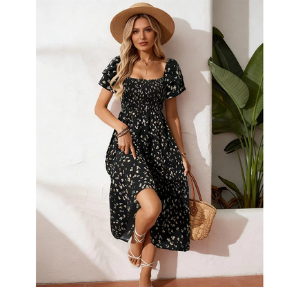🌈2026 Summer Hot Sale ✨Square Neck Floral Midi Dress – Smocked Bodice, Flowy Tiered Skirt, Romantic 🌸