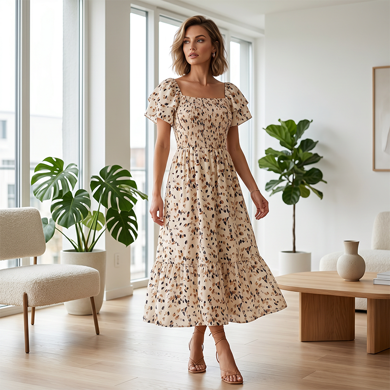 🌈2026 Summer Hot Sale ✨Square Neck Floral Midi Dress – Smocked Bodice, Flowy Tiered Skirt, Romantic 🌸