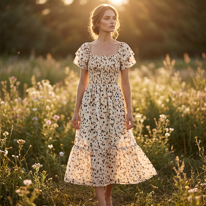 🌈2026 Summer Hot Sale ✨Square Neck Floral Midi Dress – Smocked Bodice, Flowy Tiered Skirt, Romantic 🌸