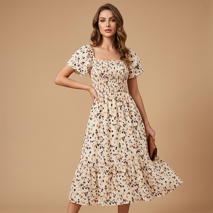🌈2026 Summer Hot Sale ✨Square Neck Floral Midi Dress – Smocked Bodice, Flowy Tiered Skirt, Romantic 🌸
