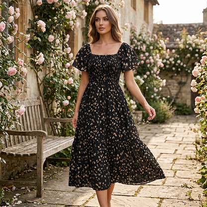 🌈2026 Summer Hot Sale ✨Square Neck Floral Midi Dress – Smocked Bodice, Flowy Tiered Skirt, Romantic 🌸
