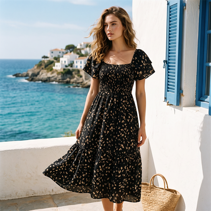 🌈2026 Summer Hot Sale ✨Square Neck Floral Midi Dress – Smocked Bodice, Flowy Tiered Skirt, Romantic 🌸