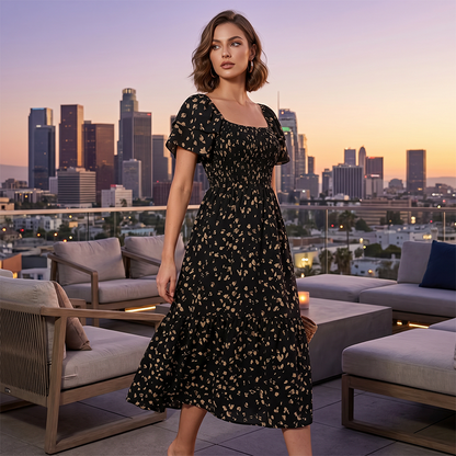 🌈2026 Summer Hot Sale ✨Square Neck Floral Midi Dress – Smocked Bodice, Flowy Tiered Skirt, Romantic 🌸