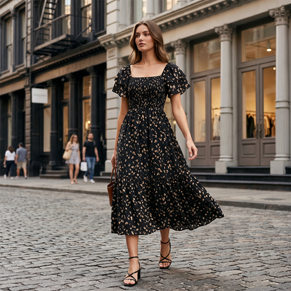 🌈2026 Summer Hot Sale ✨Square Neck Floral Midi Dress – Smocked Bodice, Flowy Tiered Skirt, Romantic 🌸