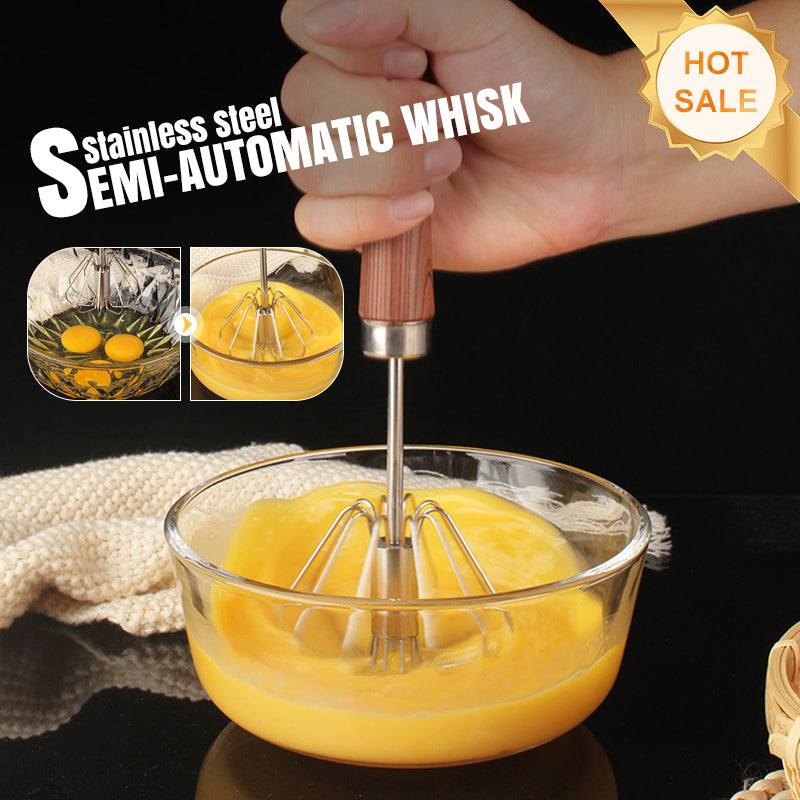 Stainless Steel Semi-Automatic Whisk with Wooden Handle