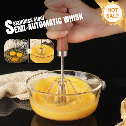 Stainless Steel Semi-Automatic Whisk with Wooden Handle