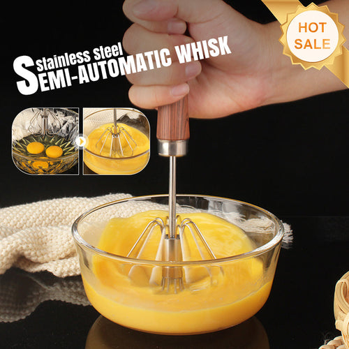 Stainless Steel Semi-Automatic Whisk with Wooden Handle