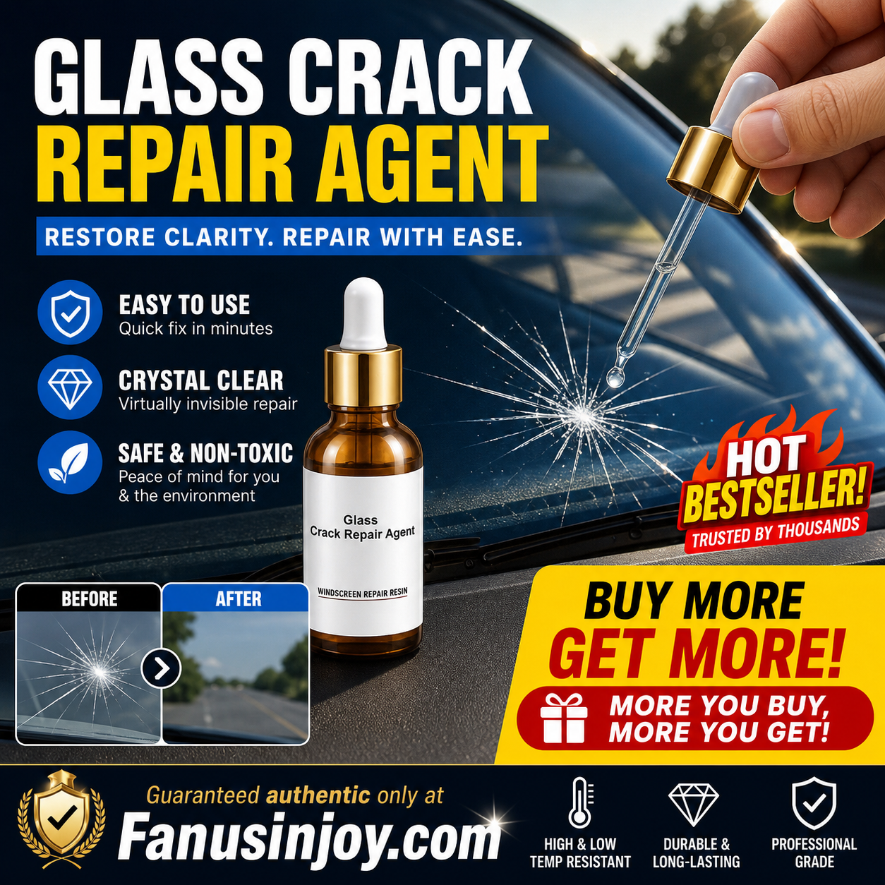 🏭Direct from glass factory, Buy 3 Get 2 Free！💦One drop fixes all glass cracks！🚗Glass Crack Repair Agent