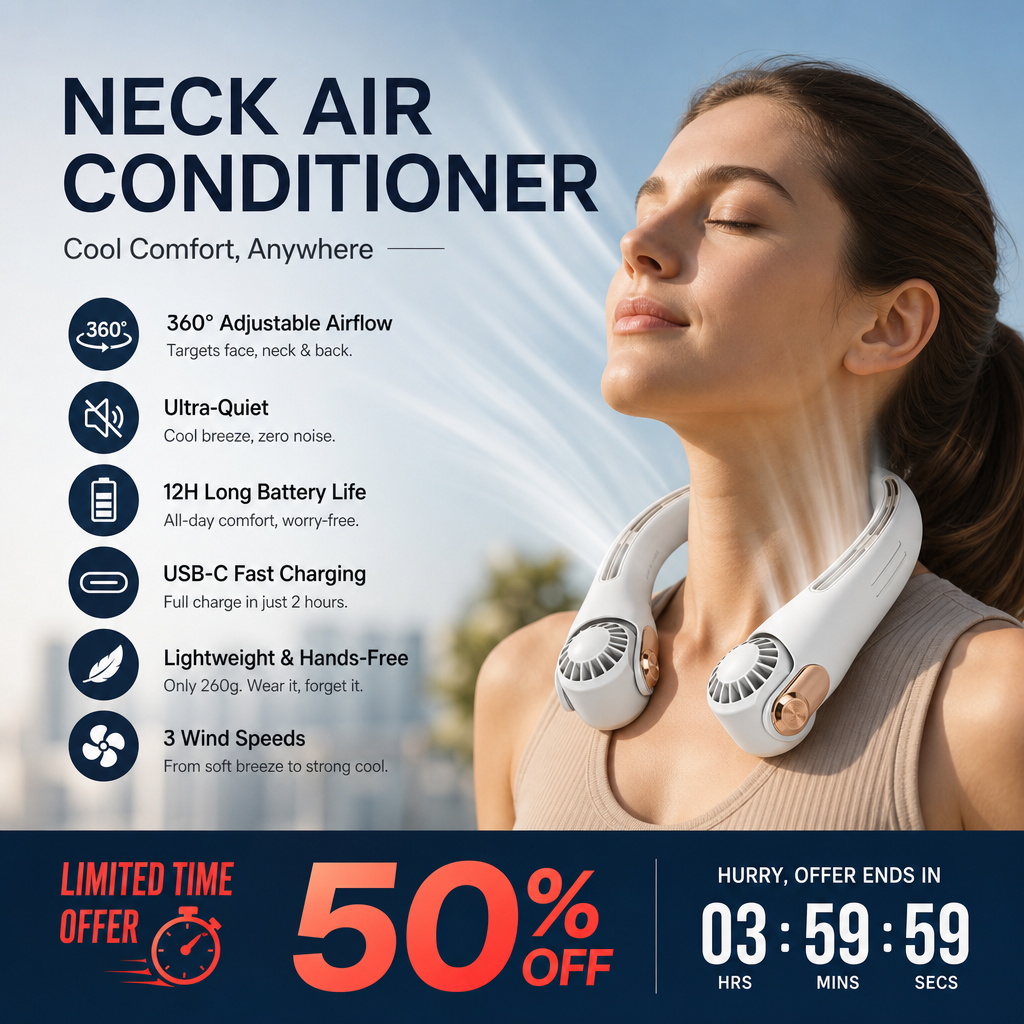 💨2026 Summer Hot Sale 55% OFF💞🍃 USB Portable Bladeless Neck Fan –😎Ultra‑quiet, 360° rotating, 3 speeds🌬️